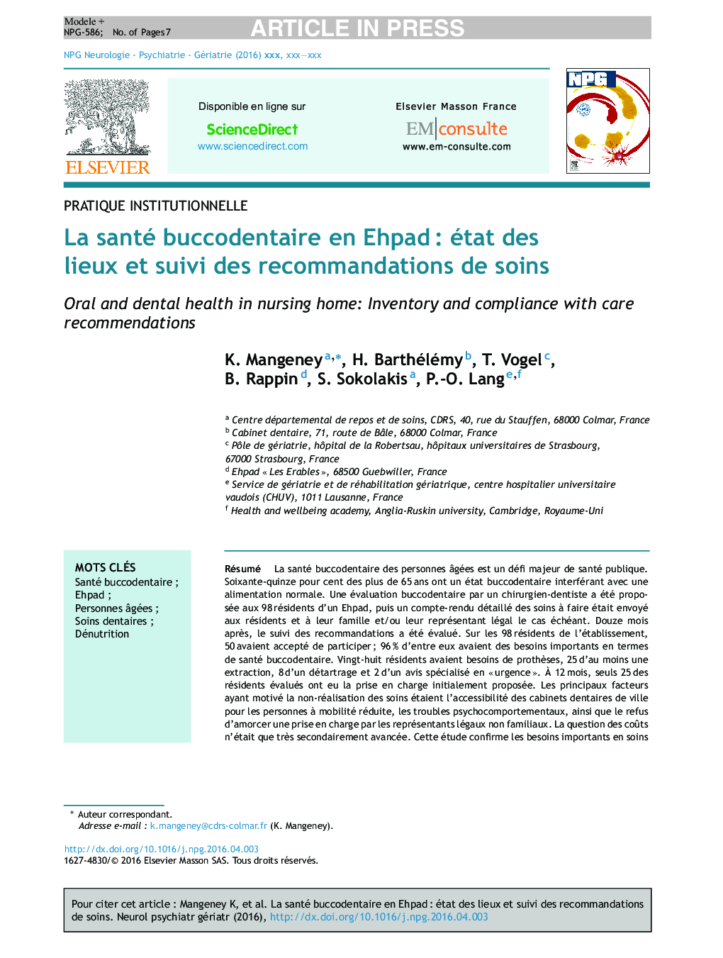 عکس صفحه اول مقاله: La santé buccodentaire en Ehpad : état des lieux et suivi des recommandations de soins La santé buccodentaire en Ehpad : état des lieux et suivi des recommandations de soins