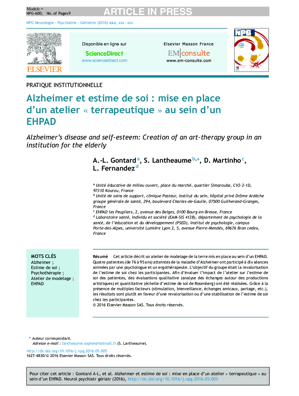 Alzheimer et estime de soiÂ : mise en place d'un atelier Â«Â terrapeutiqueÂ Â» au sein d'un EHPAD