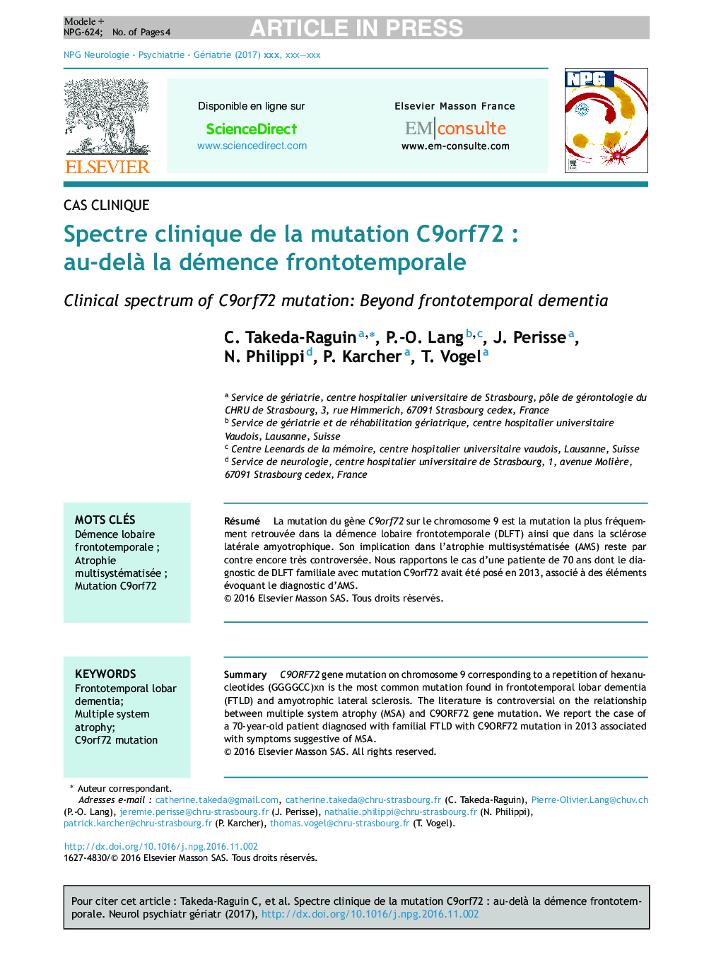 Spectre clinique de la mutation C9orf72Â : au-delÃ  la démence frontotemporale