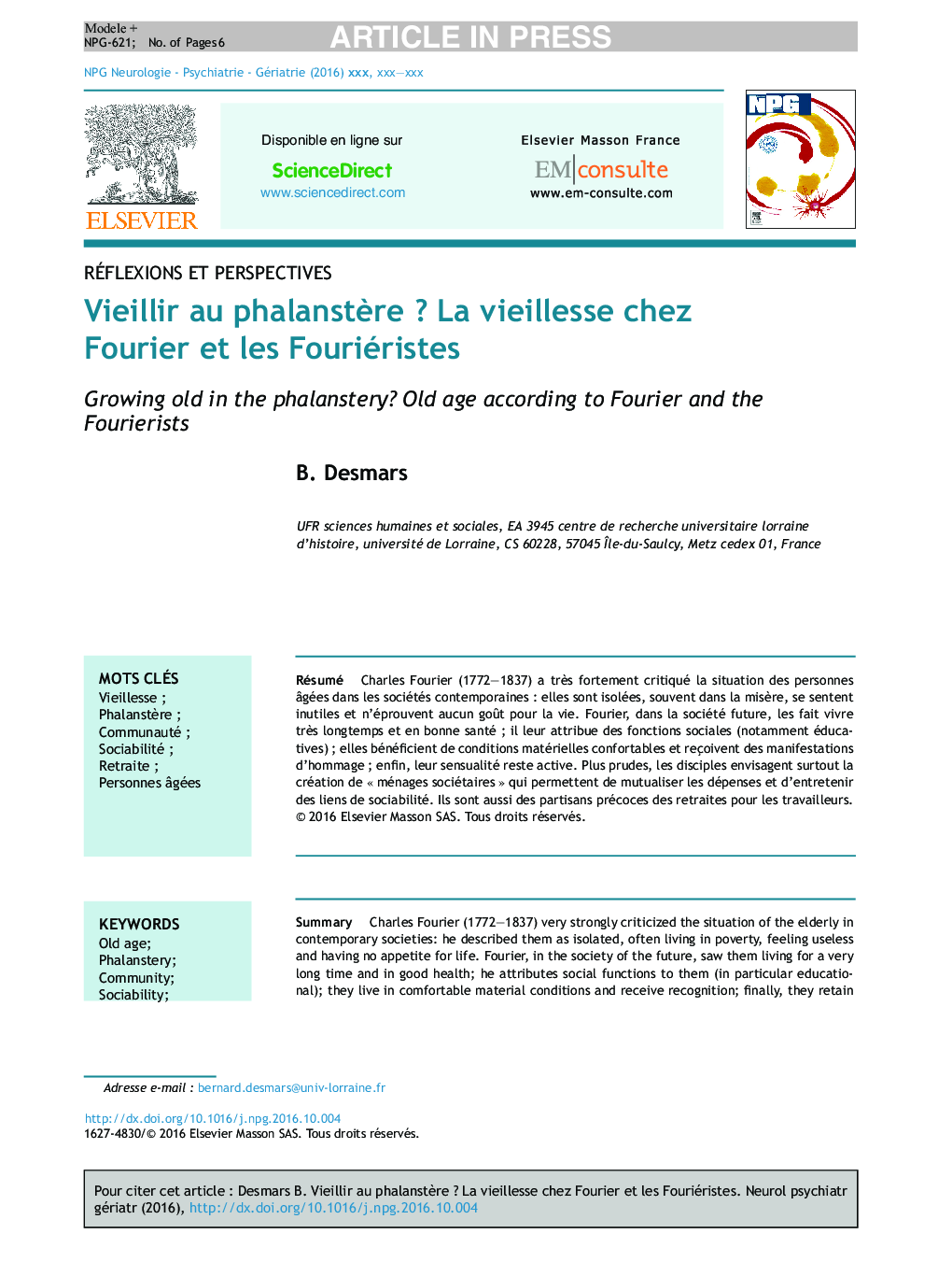 Vieillir au phalanstÃ¨reÂ ? La vieillesse chez Fourier et les Fouriéristes