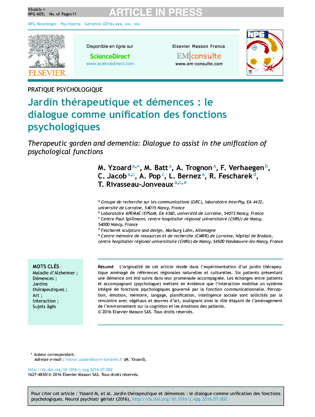 Jardin thérapeutique et démencesÂ : le dialogue comme unification des fonctions psychologiques