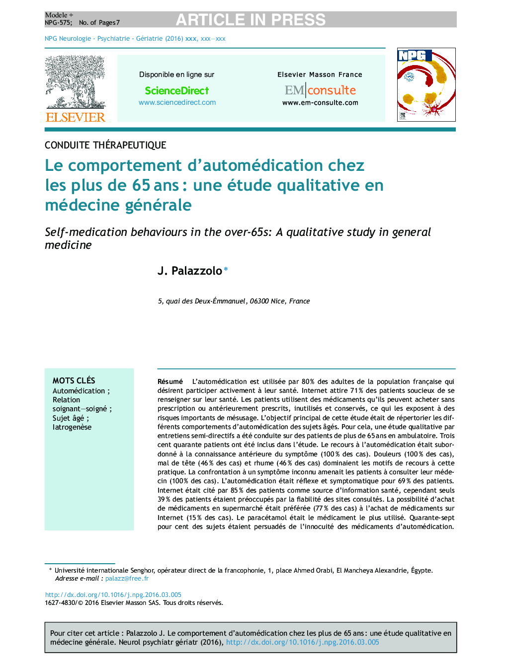 Le comportement d'automédication chez les plus de 65Â ansÂ : une étude qualitative en médecine générale