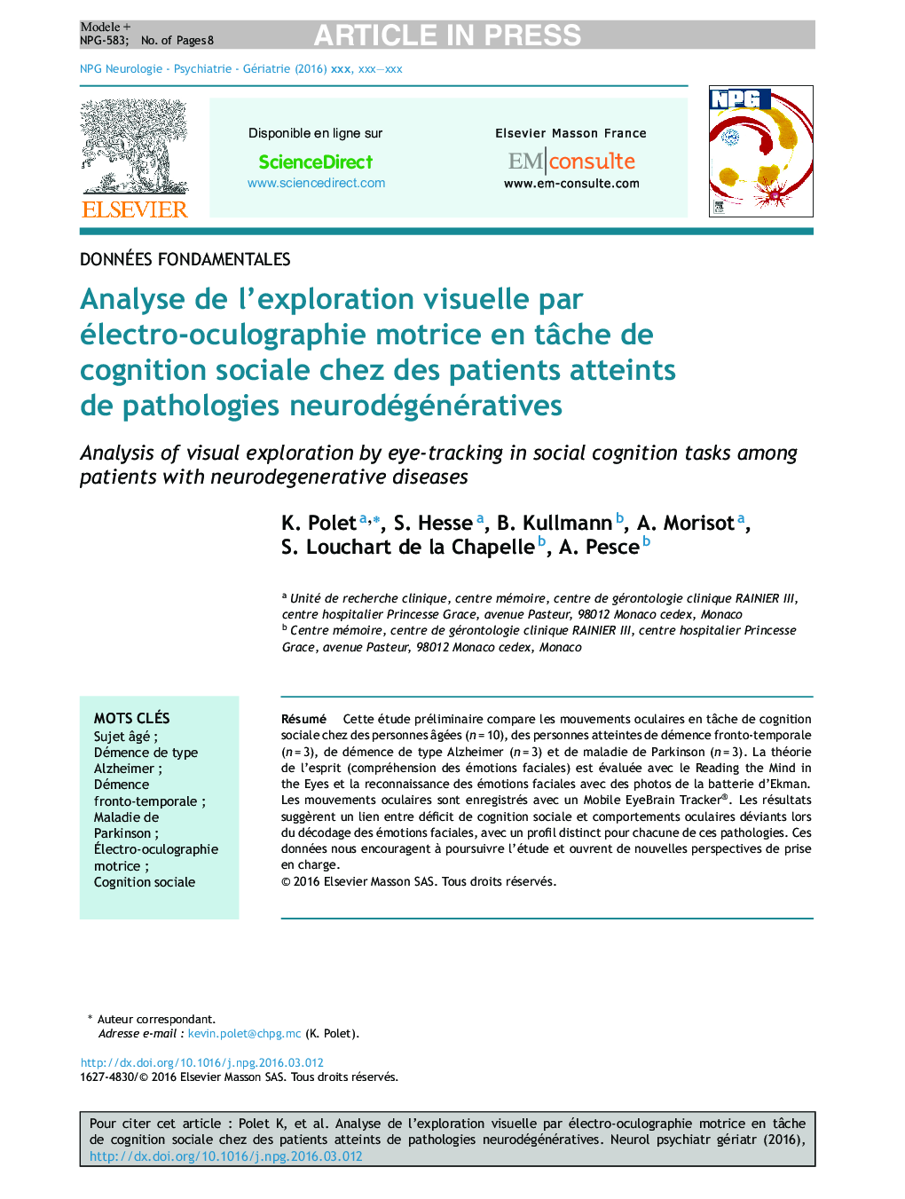 Analyse de l'exploration visuelle par électro-oculographie motrice en tÃ¢che de cognition sociale chez des patients atteints de pathologies neurodégénératives