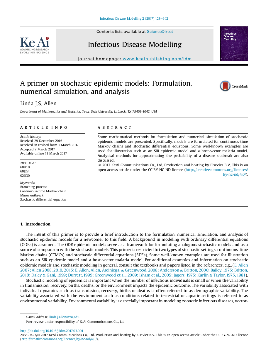 A primer on stochastic epidemic models: Formulation, numerical simulation, and analysis