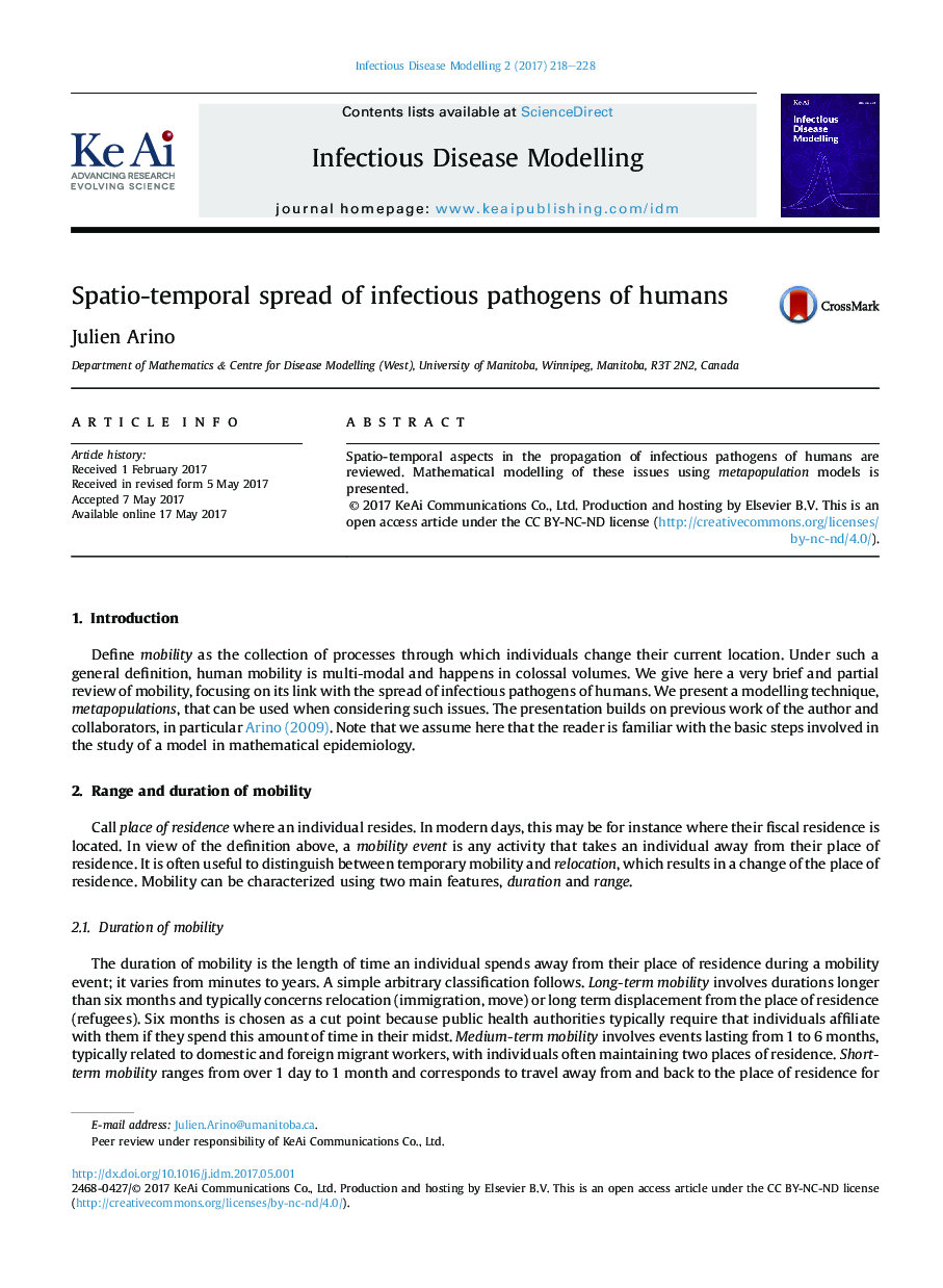 Spatio-temporal spread of infectious pathogens of humans