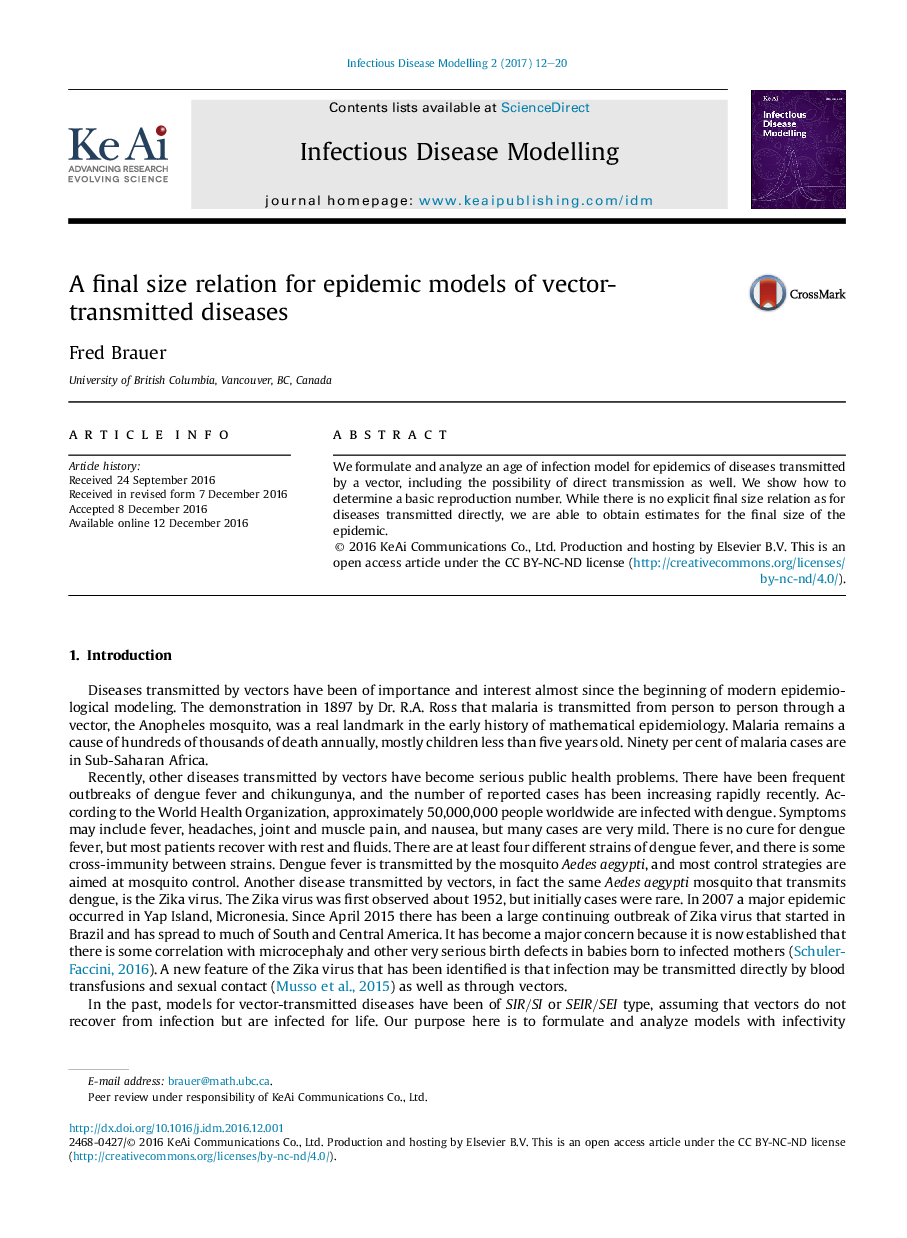 A final size relation for epidemic models of vector-transmitted diseases