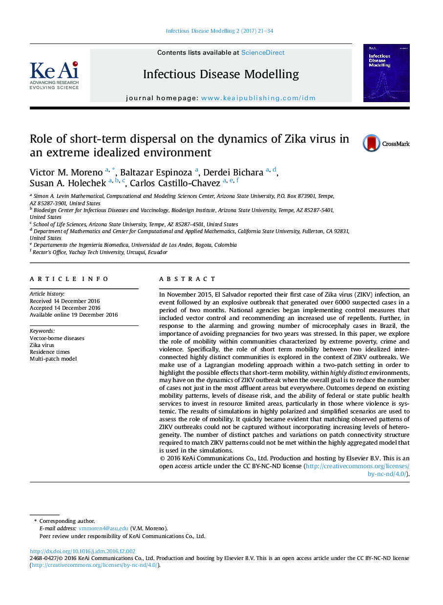 Role of short-term dispersal on the dynamics of Zika virus in an extreme idealized environment