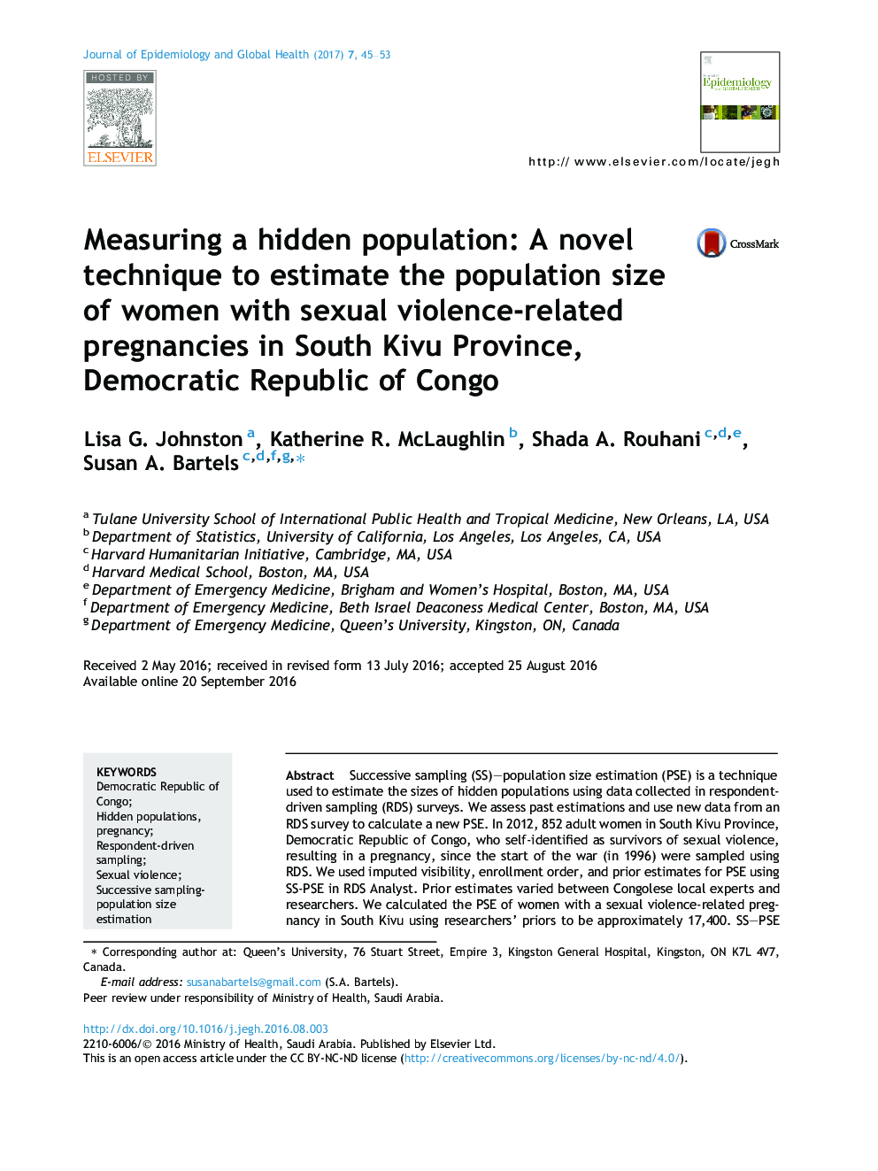 اندازه گیری جمعیت پنهان: یک روش جدید برای برآورد میزان جمعیت زنان باردار مرتبط با خشونت جنسی در استان کایو جنوبی، جمهوری دموکراتیک کنگو