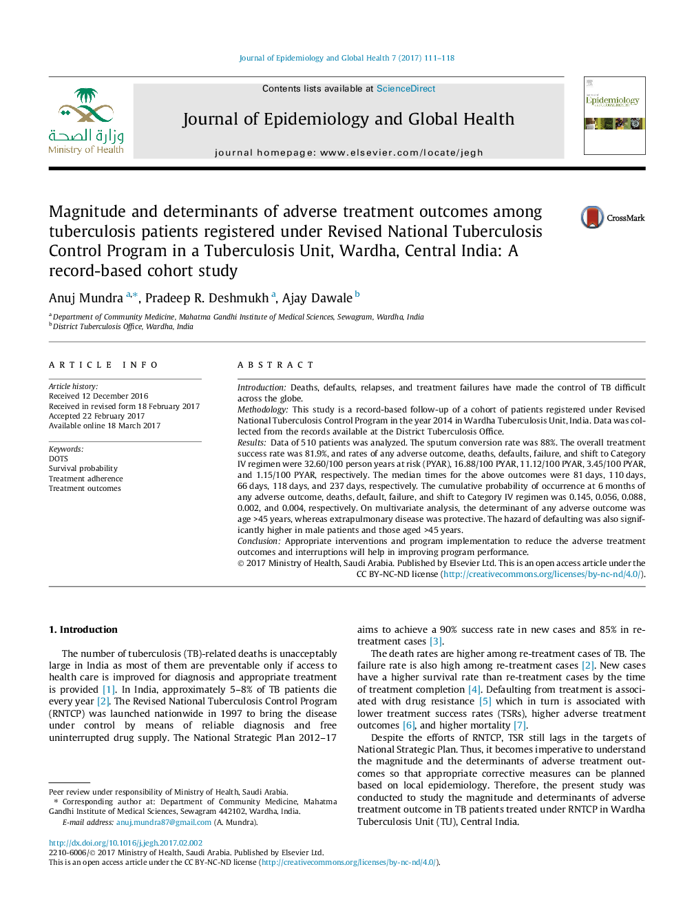 Magnitude and determinants of adverse treatment outcomes among tuberculosis patients registered under Revised National Tuberculosis Control Program in a Tuberculosis Unit, Wardha, Central India: A record-based cohort study