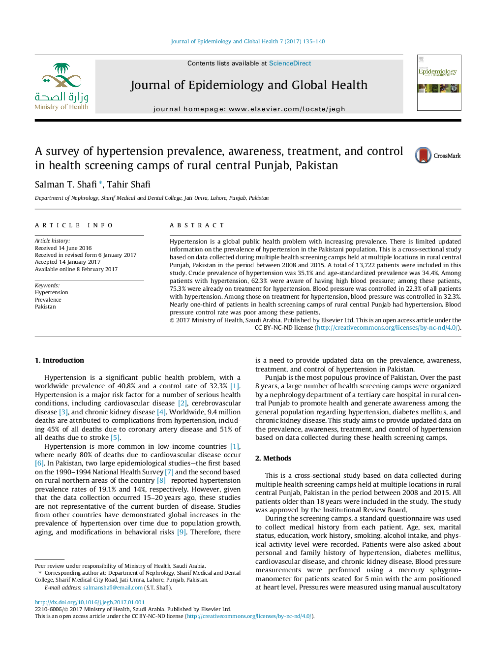 A survey of hypertension prevalence, awareness, treatment, and control in health screening camps of rural central Punjab, Pakistan