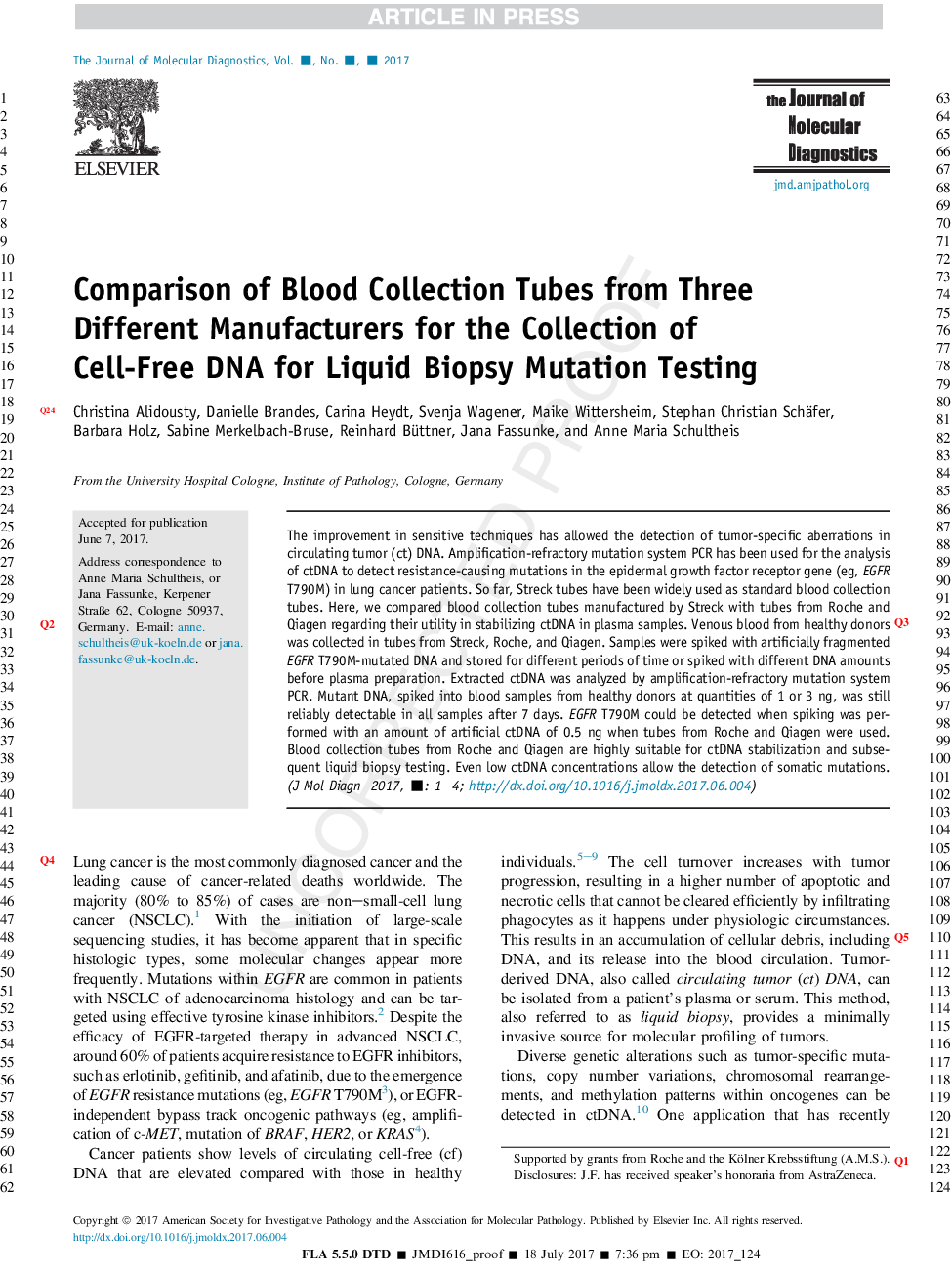 Comparison of Blood Collection Tubes from Three Different Manufacturers for the Collection of Cell-Free DNA for Liquid Biopsy Mutation Testing