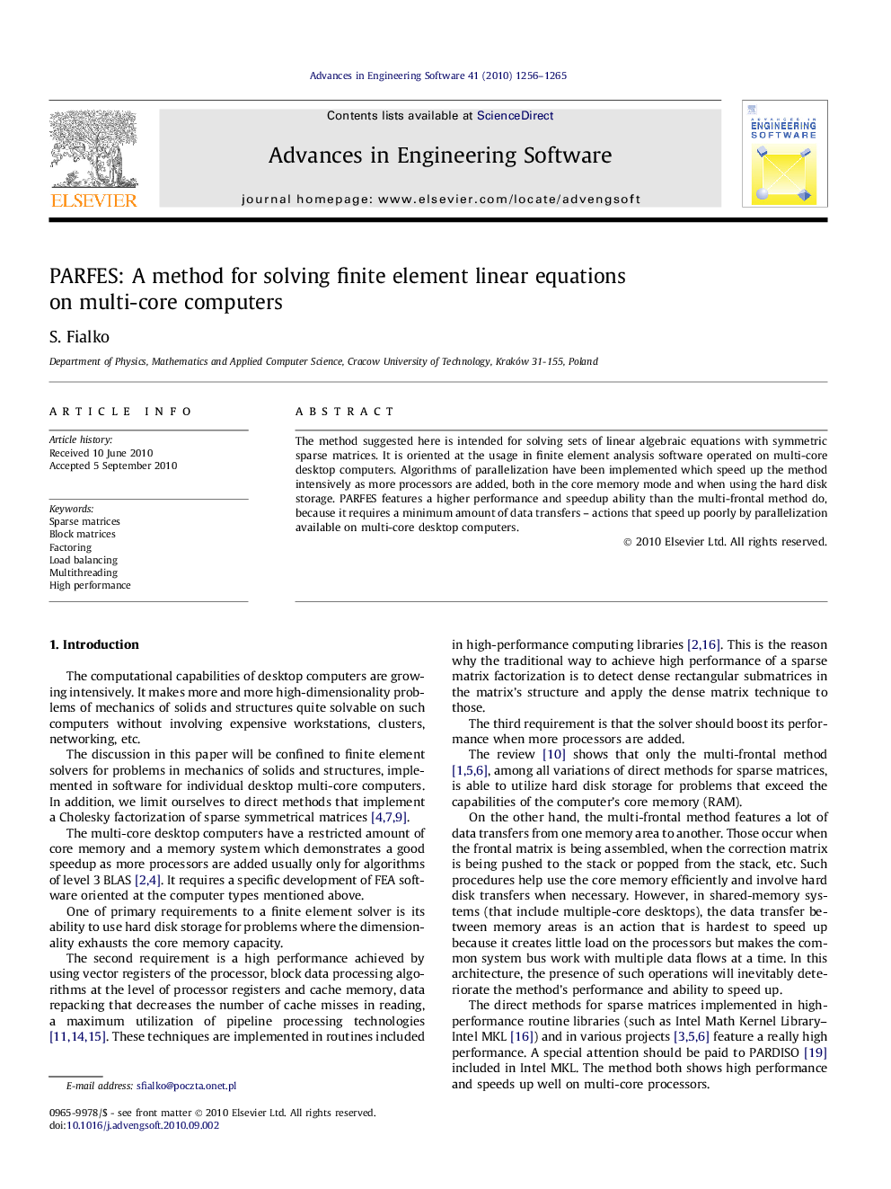 PARFES: A method for solving finite element linear equations on multi-core computers