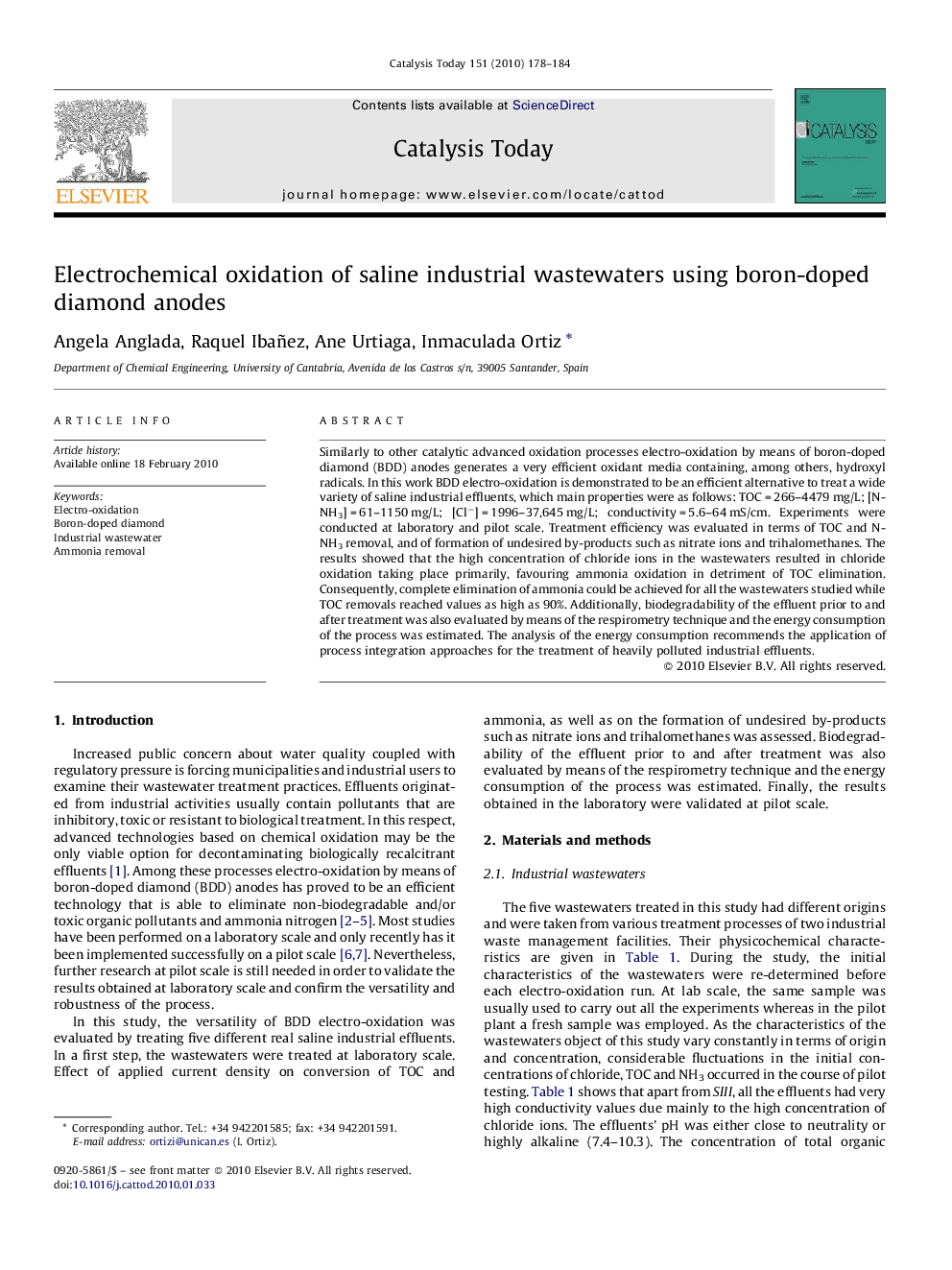 Electrochemical oxidation of saline industrial wastewaters using boron-doped diamond anodes