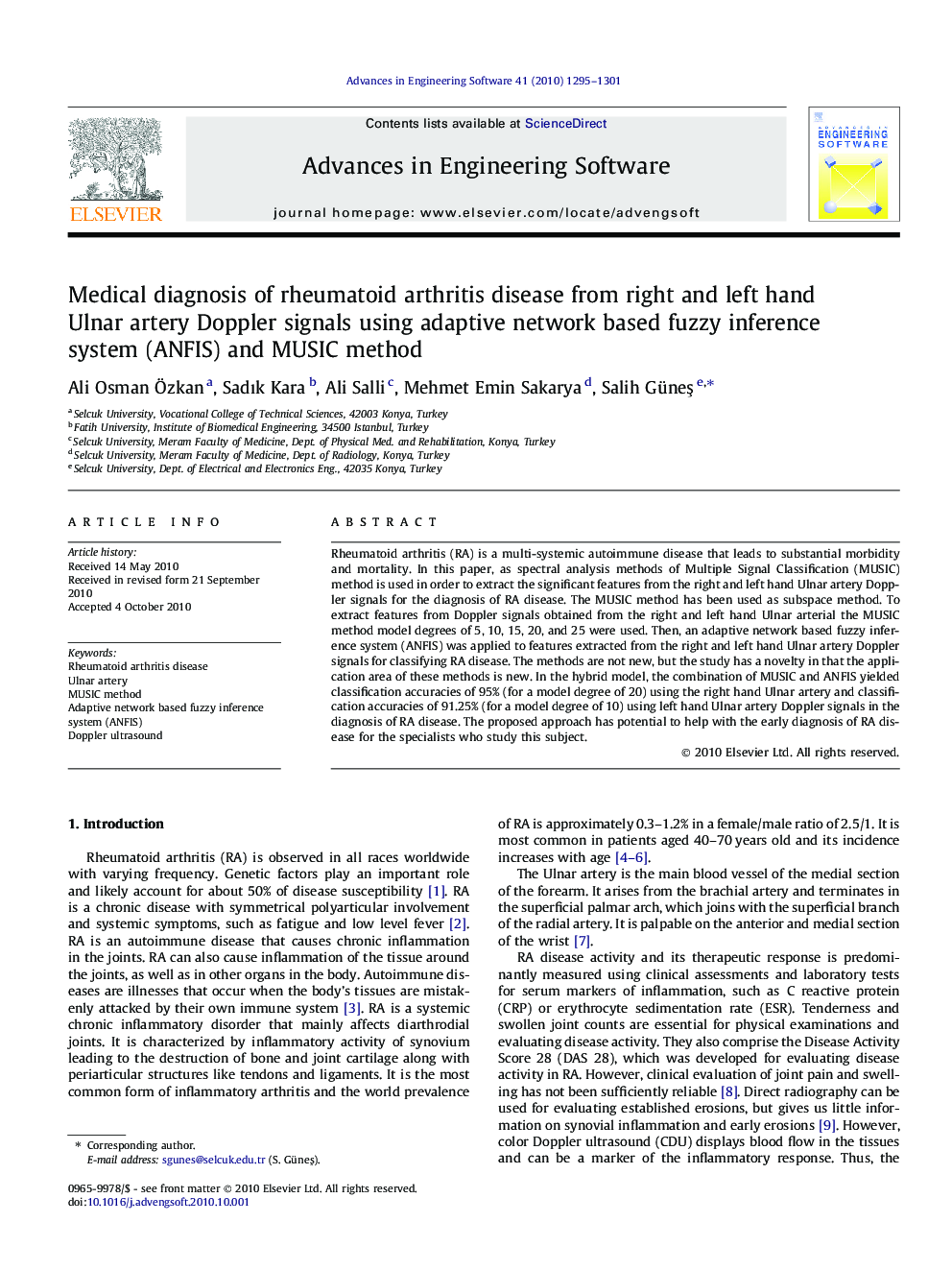 Medical diagnosis of rheumatoid arthritis disease from right and left hand Ulnar artery Doppler signals using adaptive network based fuzzy inference system (ANFIS) and MUSIC method