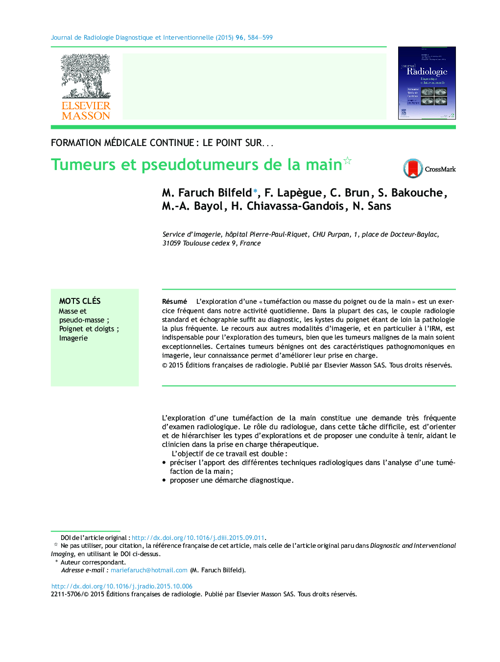 Tumeurs et pseudotumeurs de la main