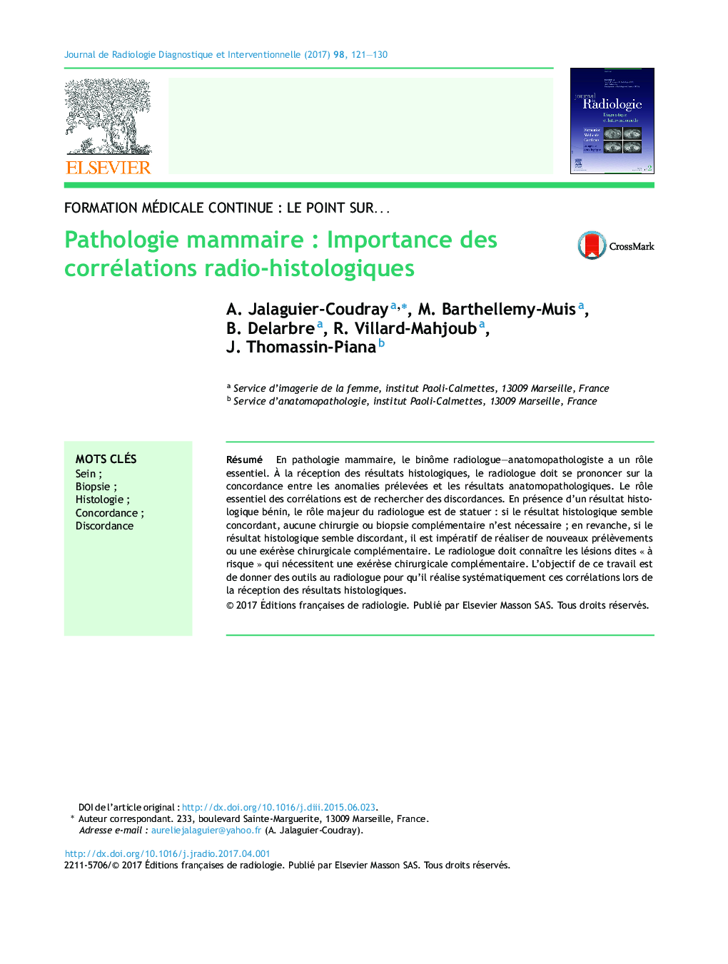 Pathologie mammaireÂ : Importance des corrélations radio-histologiques