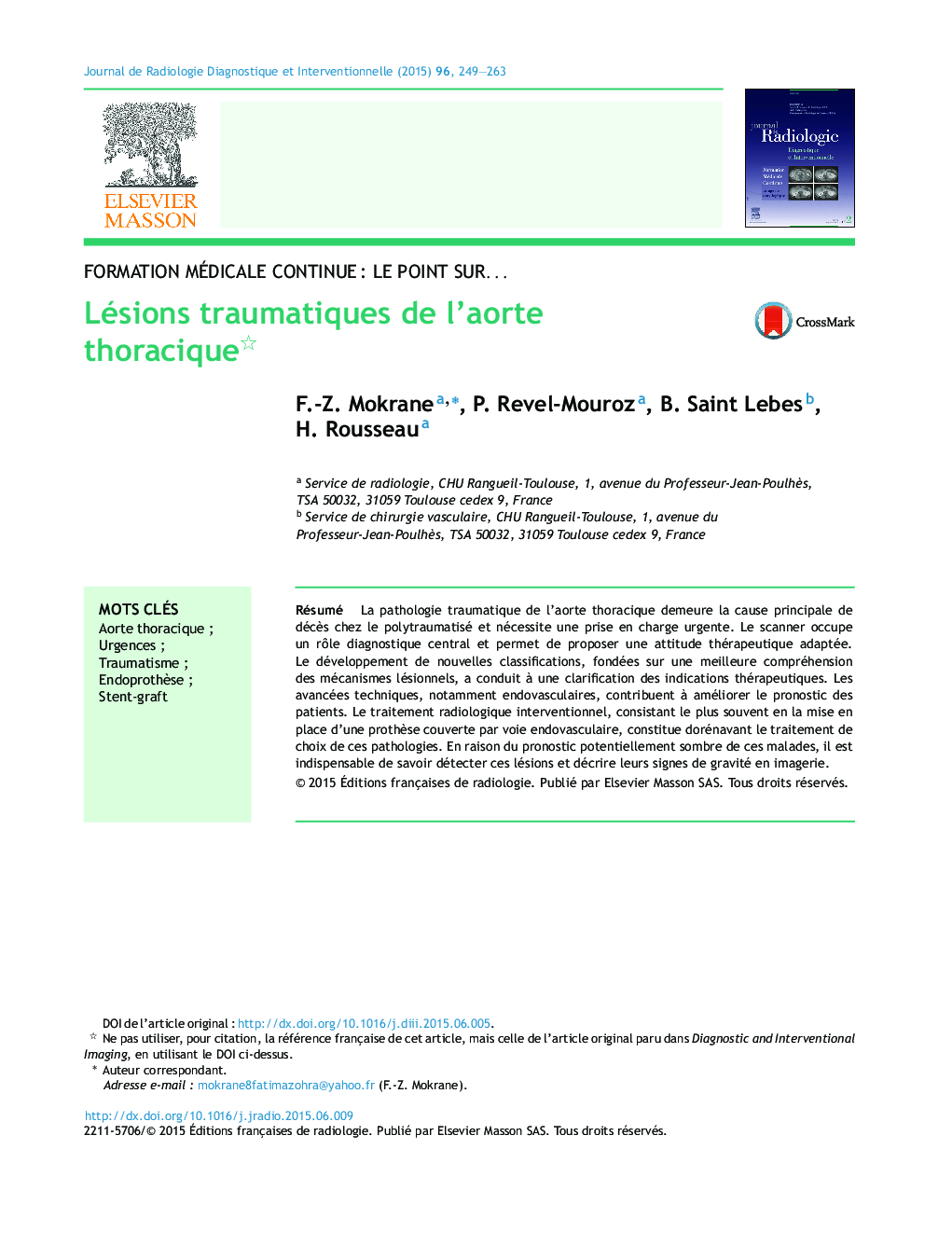 Lésions traumatiques de l'aorte thoracique