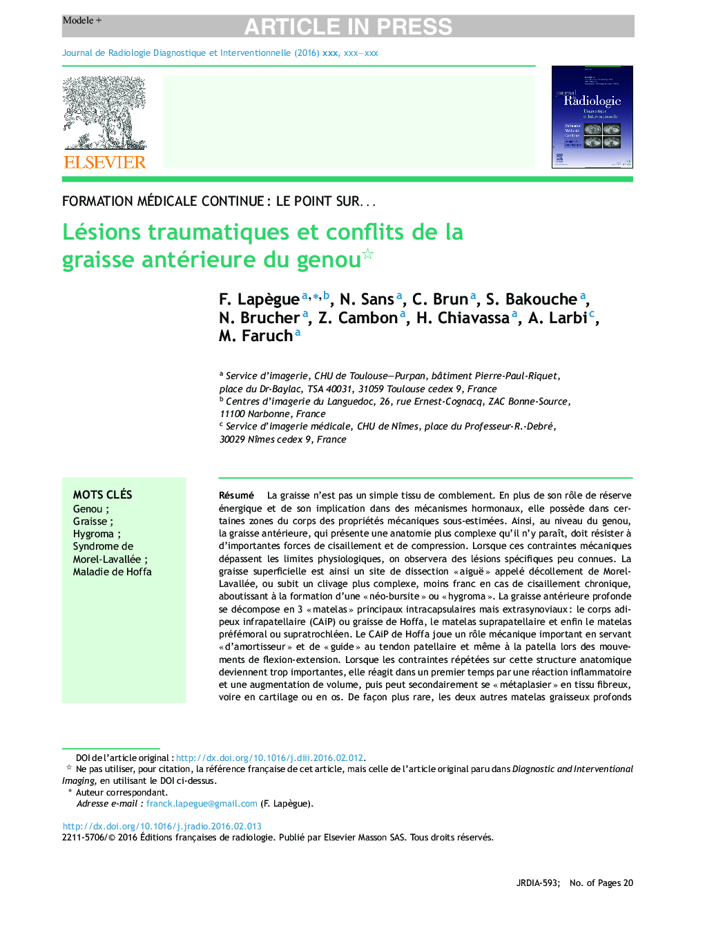 Lésions traumatiques et conflits de la graisse antérieure du genou