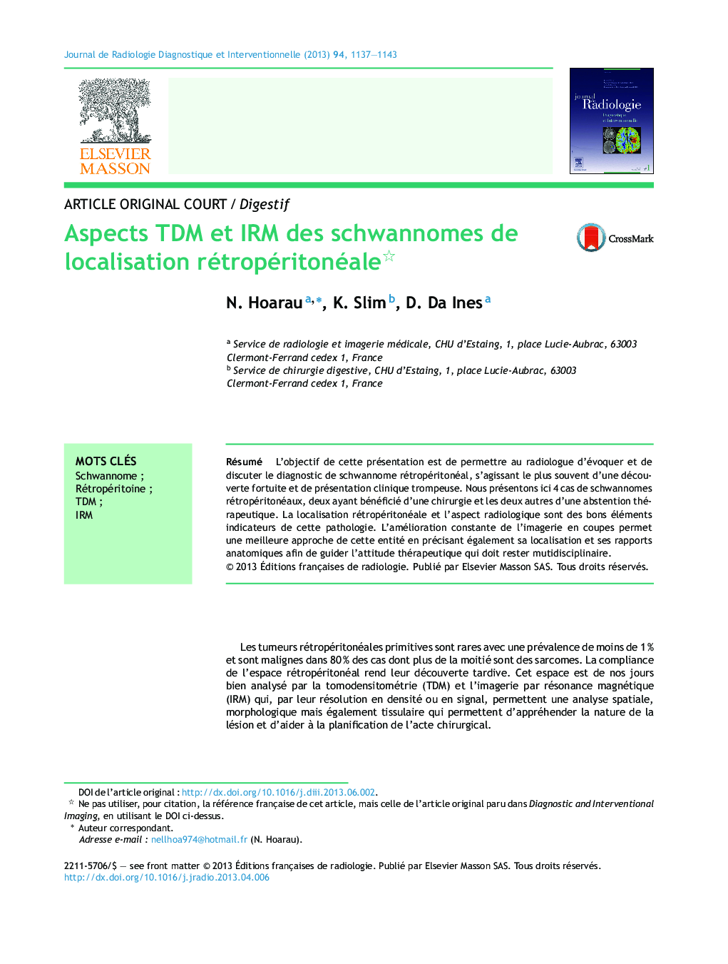 Aspects TDM et IRM des schwannomes de localisation rétropéritonéale