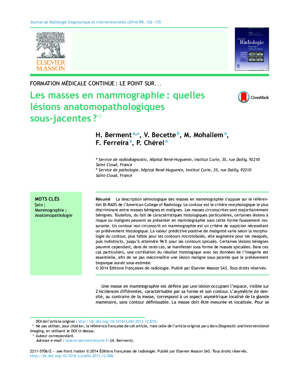 Les masses en mammographieÂ : quelles lésions anatomopathologiques sous-jacentesÂ ?