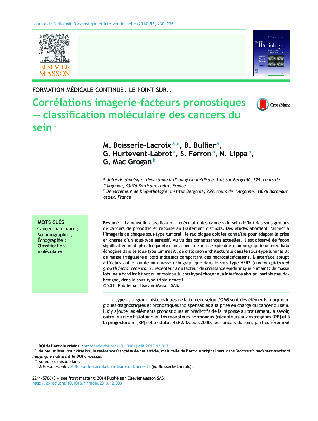 Corrélations imagerie-facteurs pronostiques - classification moléculaire des cancers du sein