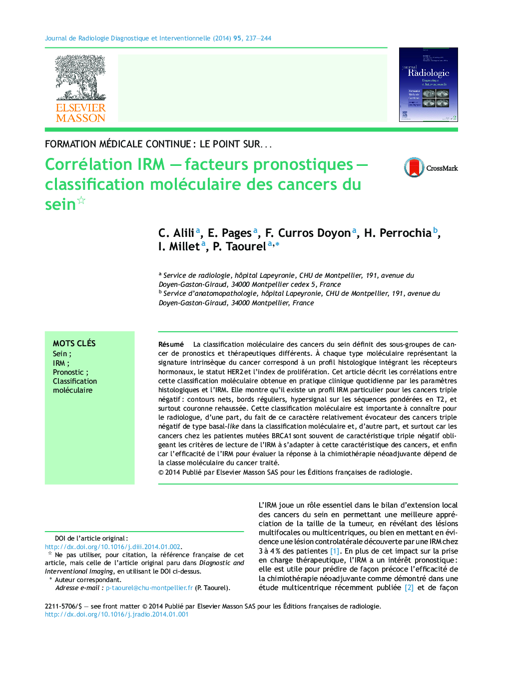 Corrélation IRM -Â facteurs pronostiquesÂ - classification moléculaire des cancers du sein