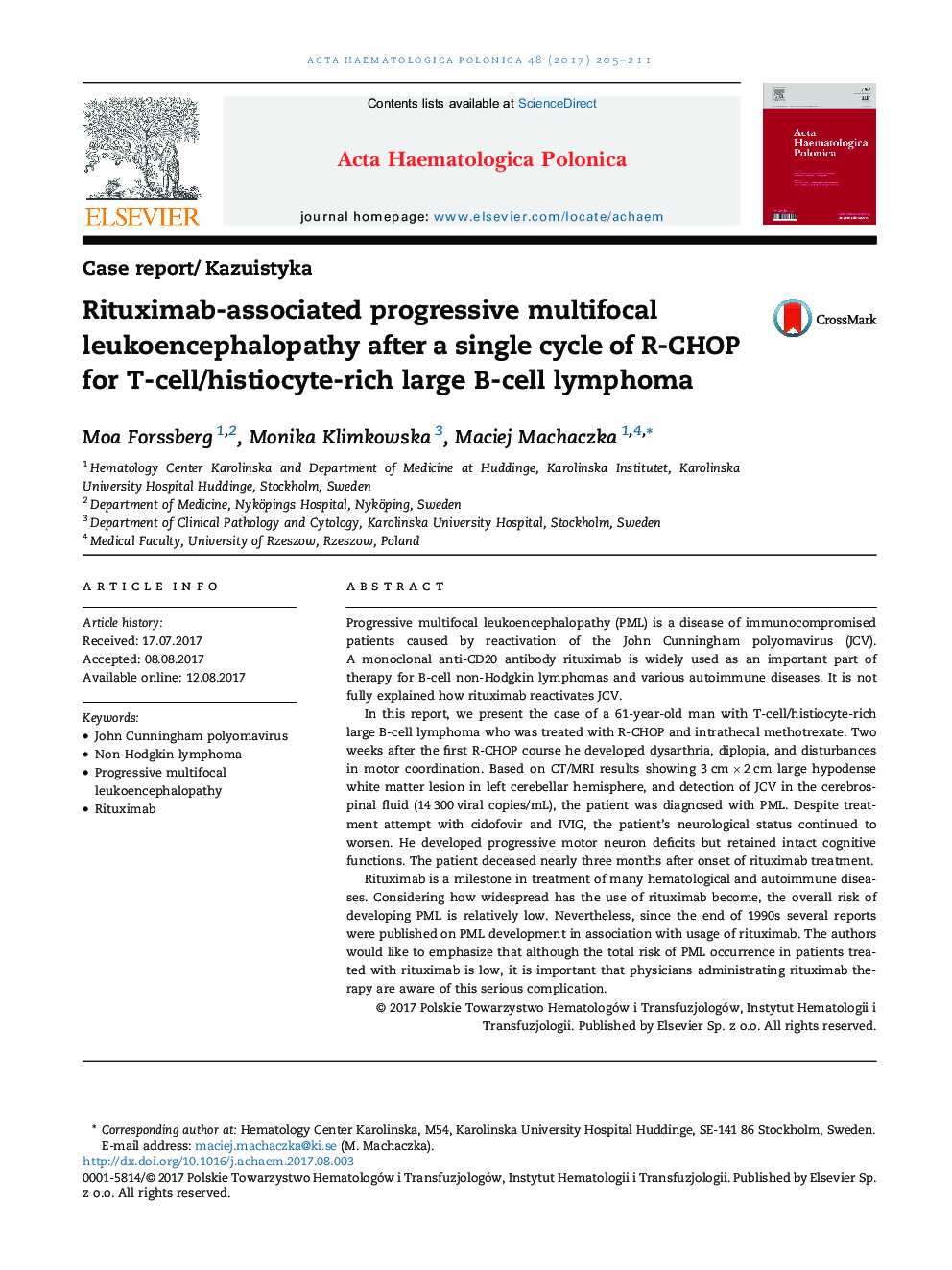 Rituximab-associated progressive multifocal leukoencephalopathy after a single cycle of R-CHOP for T-cell/histiocyte-rich large B-cell lymphoma