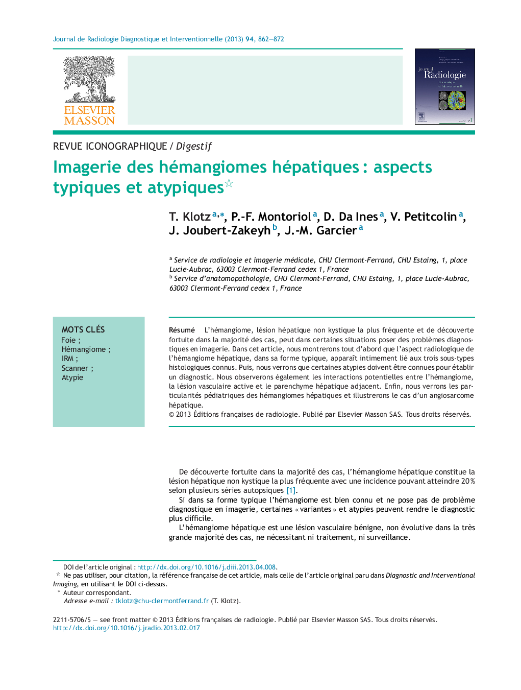 Imagerie des hémangiomes hépatiquesÂ : aspects typiques et atypiques