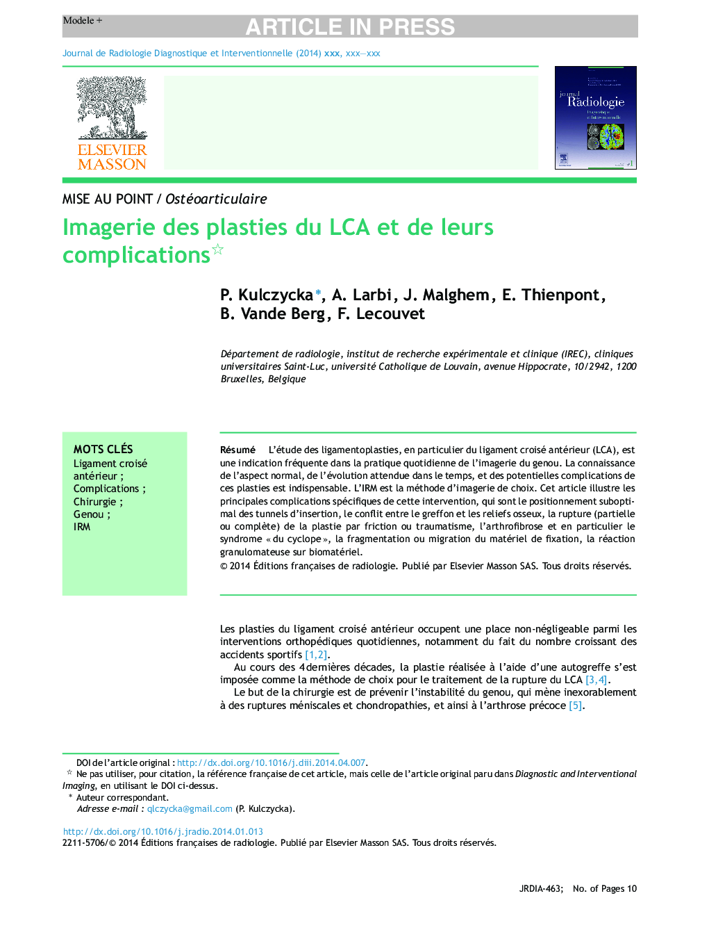 Imagerie des plasties du LCA et de leurs complications