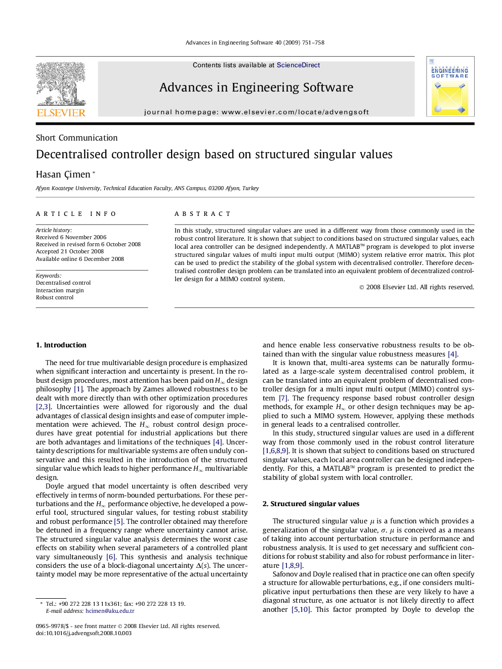 Decentralised controller design based on structured singular values