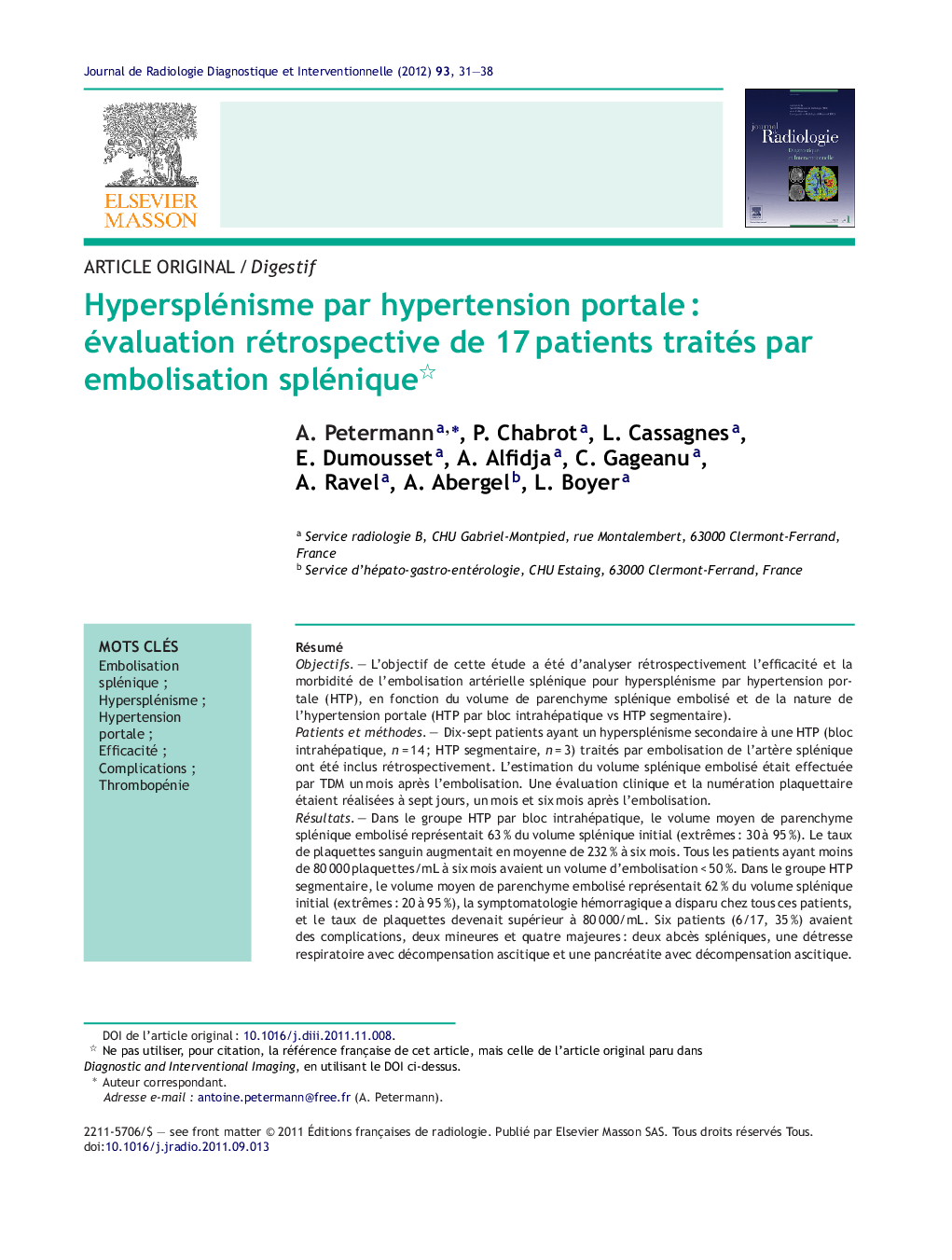 Hypersplénisme par hypertension portaleÂ : évaluation rétrospective de 17Â patients traités par embolisation splénique