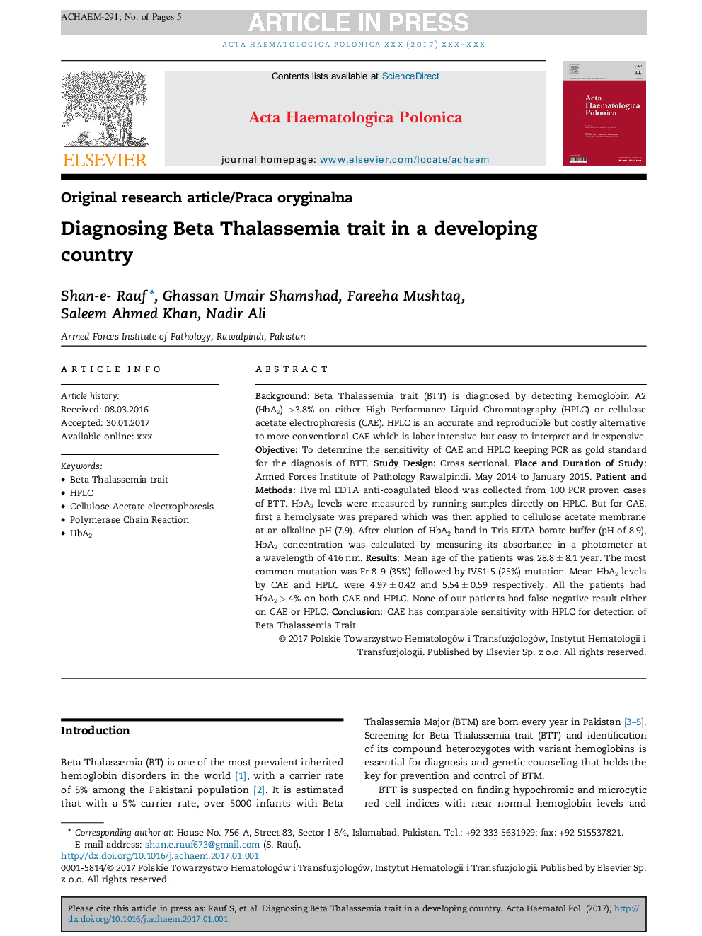 Diagnosing Beta Thalassemia trait in a developing country