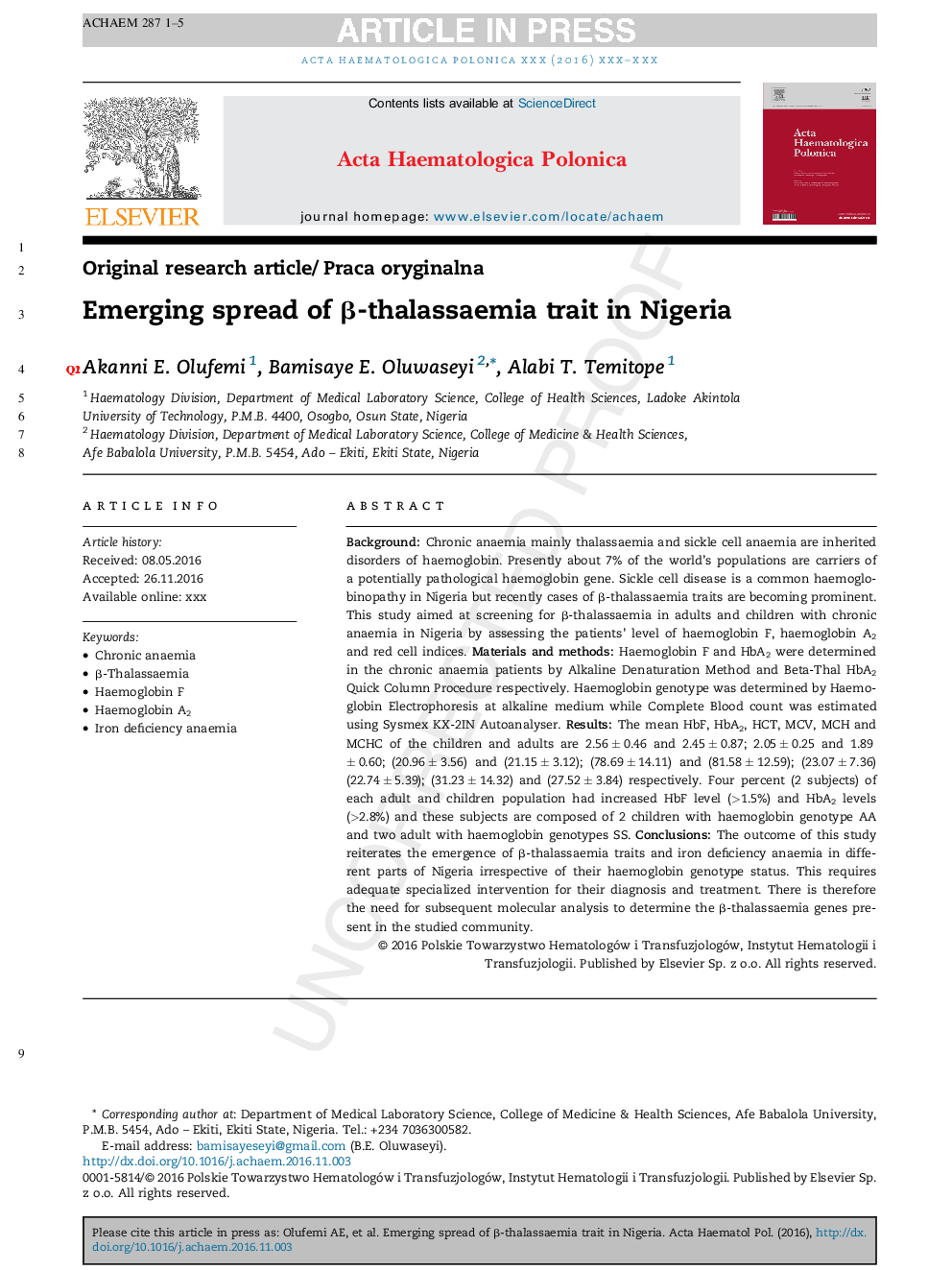 Emerging spread of Î²-thalassemia trait in Nigeria