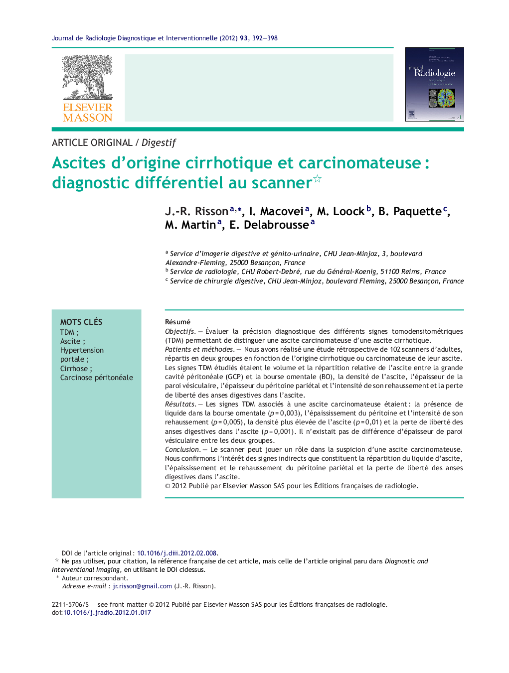 Ascites d'origine cirrhotique et carcinomateuseÂ : diagnostic différentiel au scanner