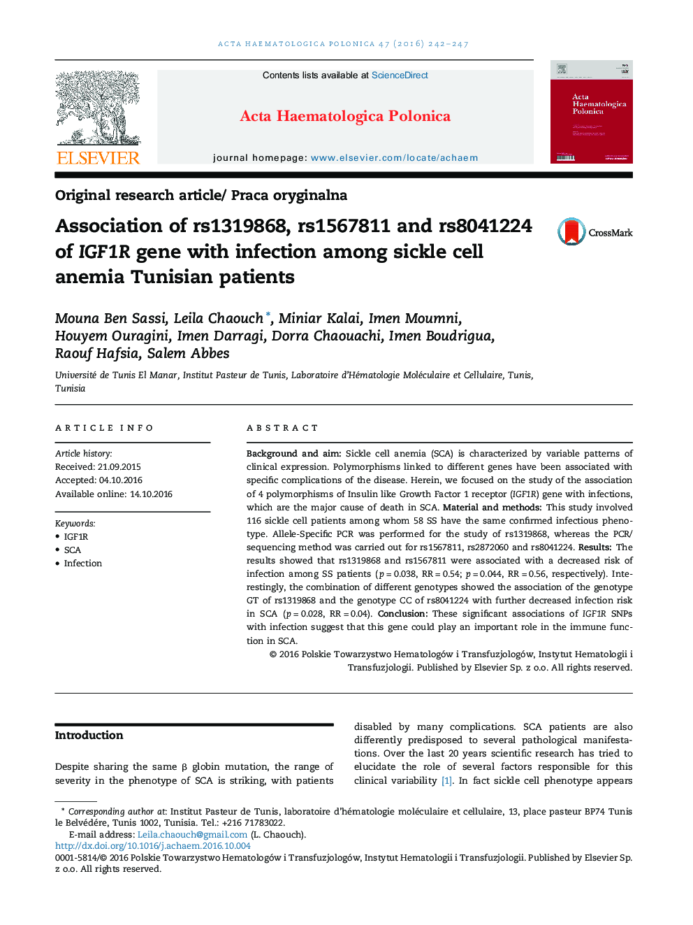 Association of rs1319868, rs1567811 and rs8041224 of IGF1R gene with infection among sickle cell anemia Tunisian patients