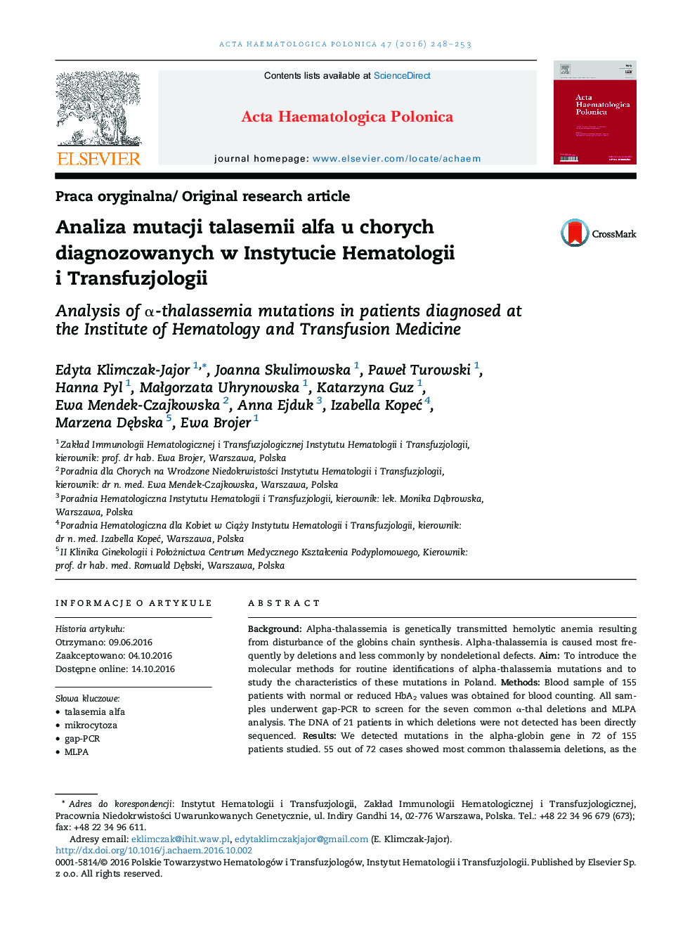 Analiza mutacji talasemii alfa u chorych diagnozowanych w Instytucie Hematologii i Transfuzjologii