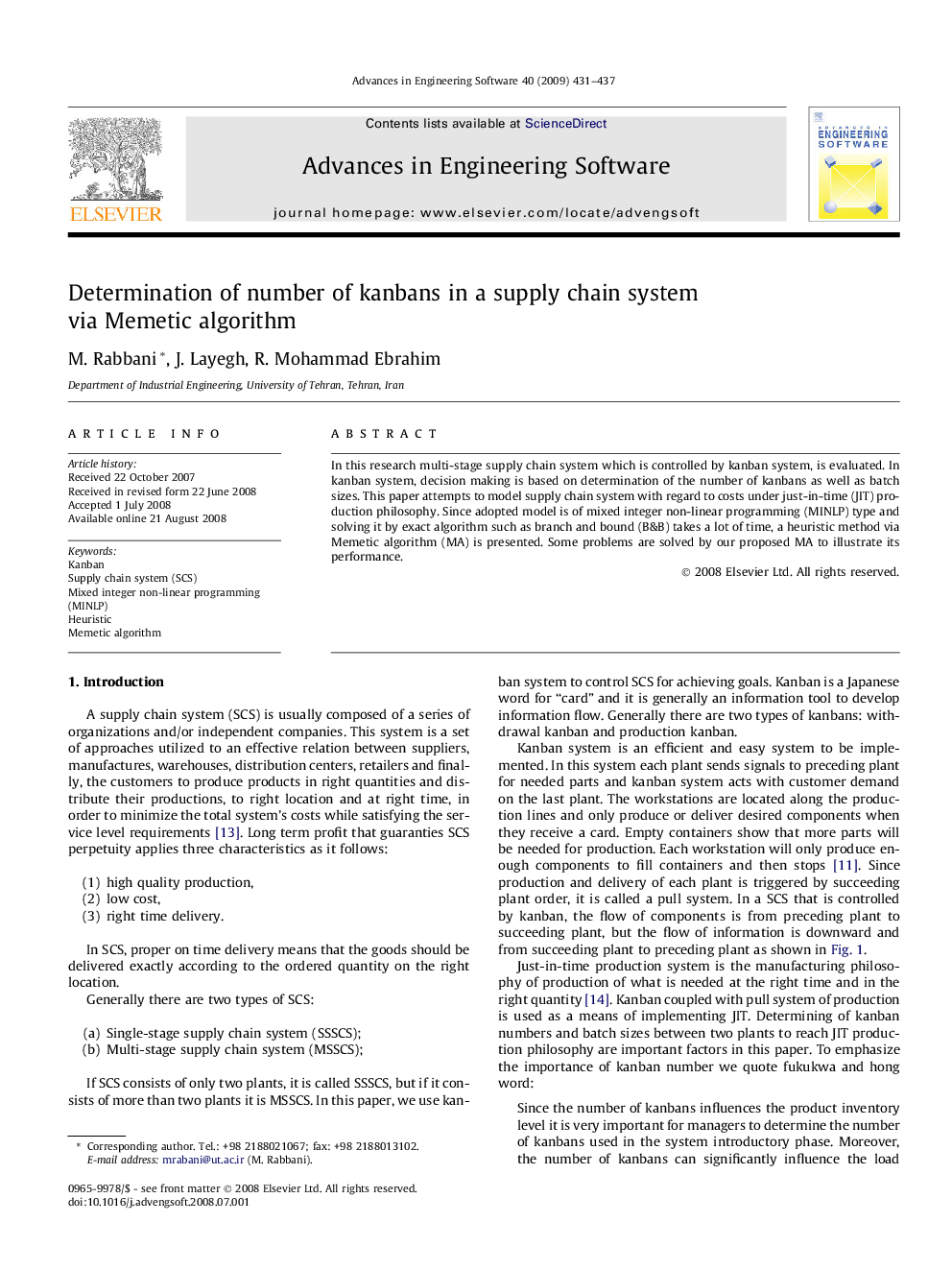 Determination of number of kanbans in a supply chain system via Memetic algorithm