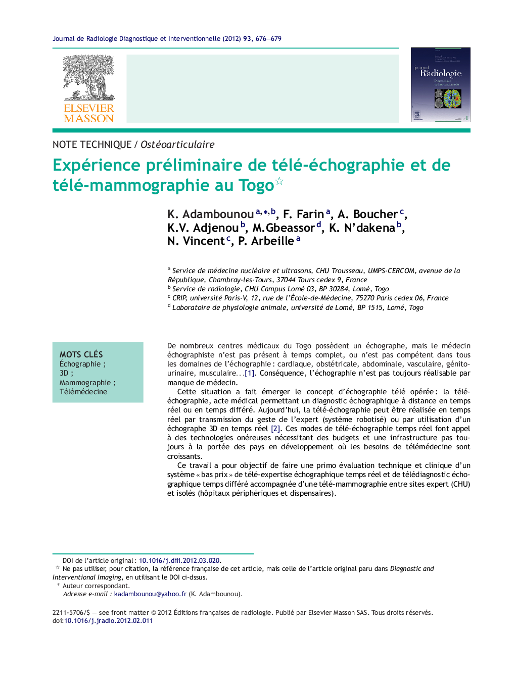 Expérience préliminaire de télé-échographie et de télé-mammographie au Togo