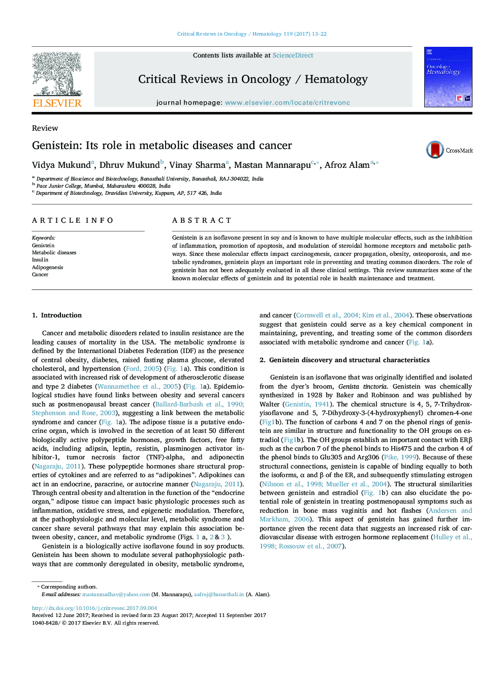 Genistein: Its role in metabolic diseases and cancer