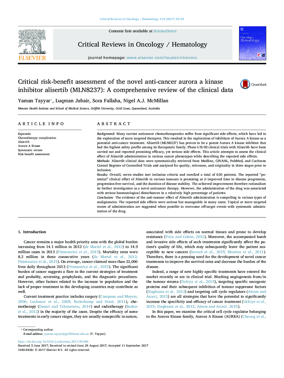 Critical risk-benefit assessment of the novel anti-cancer aurora a kinase inhibitor alisertib (MLN8237): A comprehensive review of the clinical data