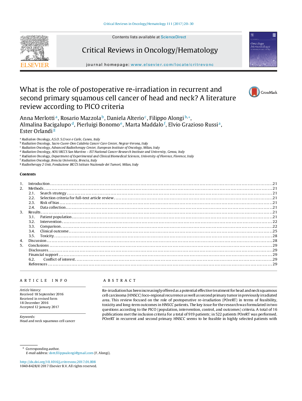 What is the role of postoperative re-irradiation in recurrent and second primary squamous cell cancer of head and neck? A literature review according to PICO criteria