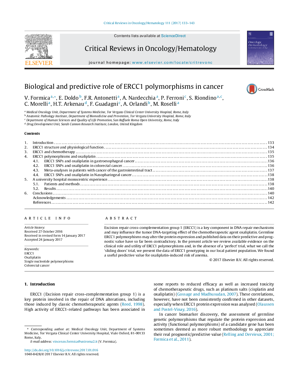 Biological and predictive role of ERCC1 polymorphisms in cancer