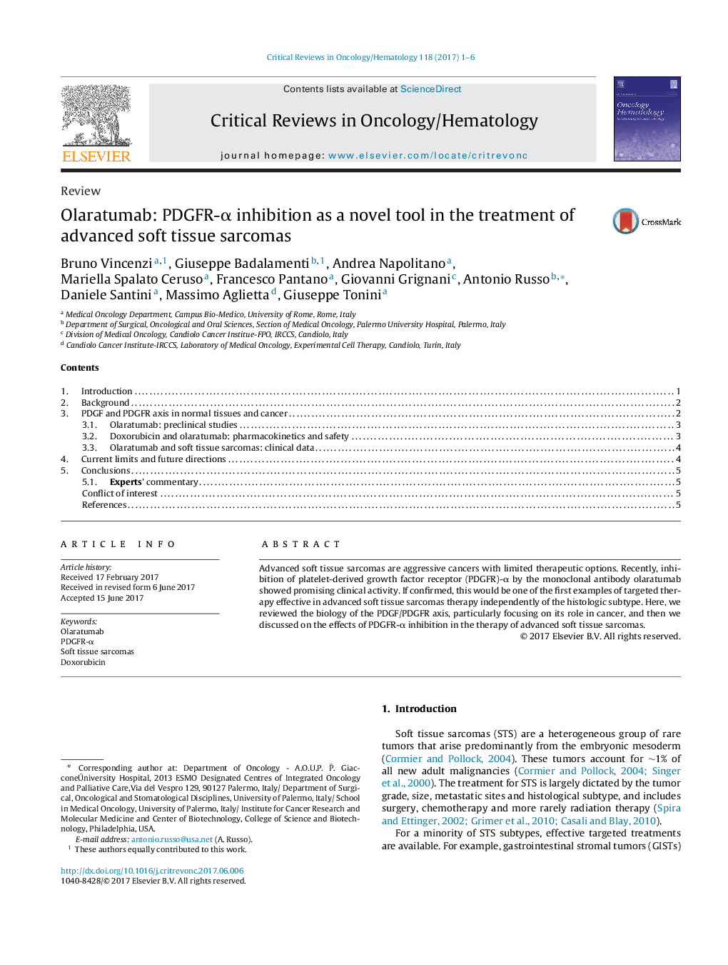 Olaratumab: PDGFR-Î± inhibition as a novel tool in the treatment of advanced soft tissue sarcomas