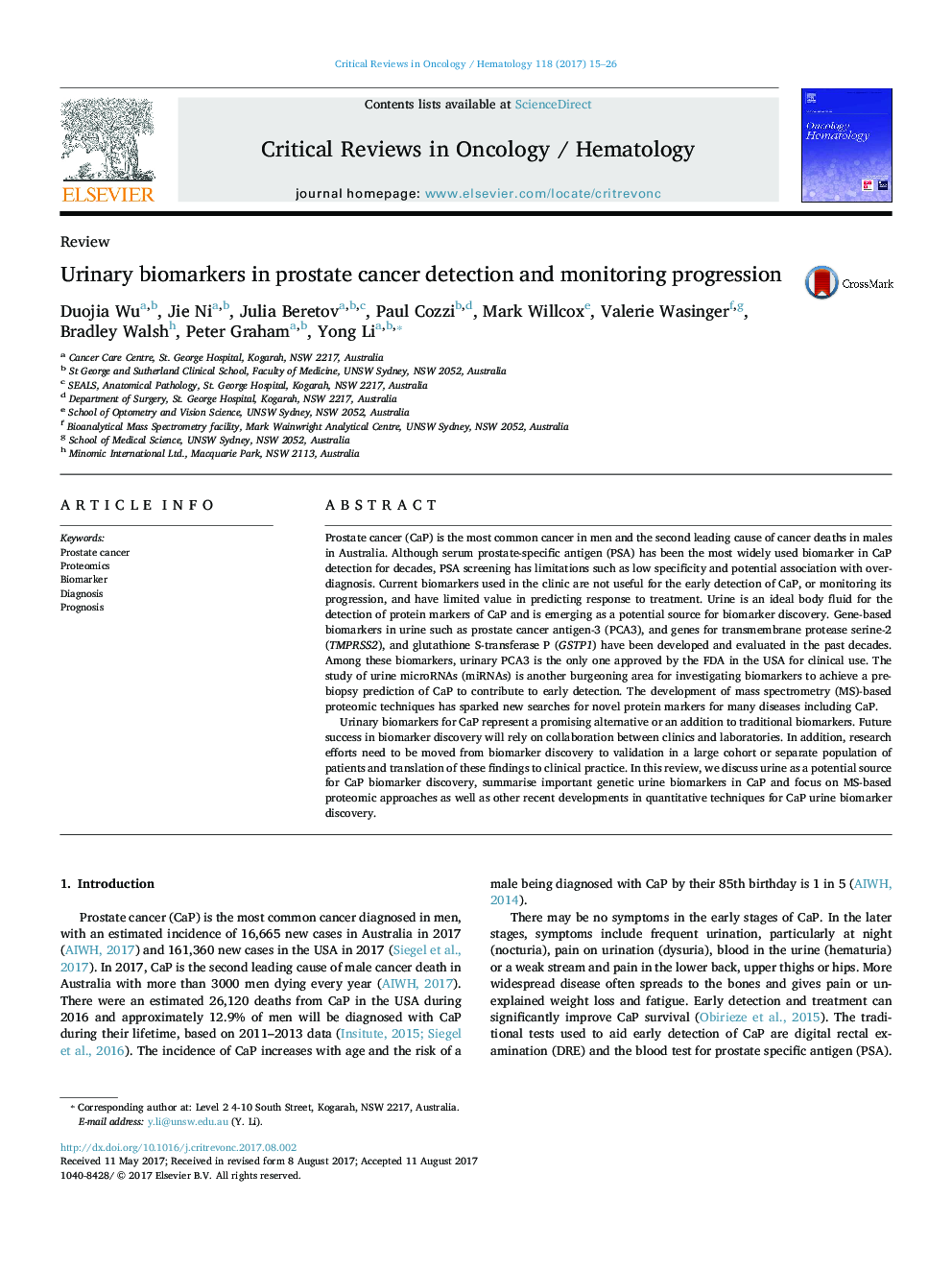 Urinary biomarkers in prostate cancer detection and monitoring progression