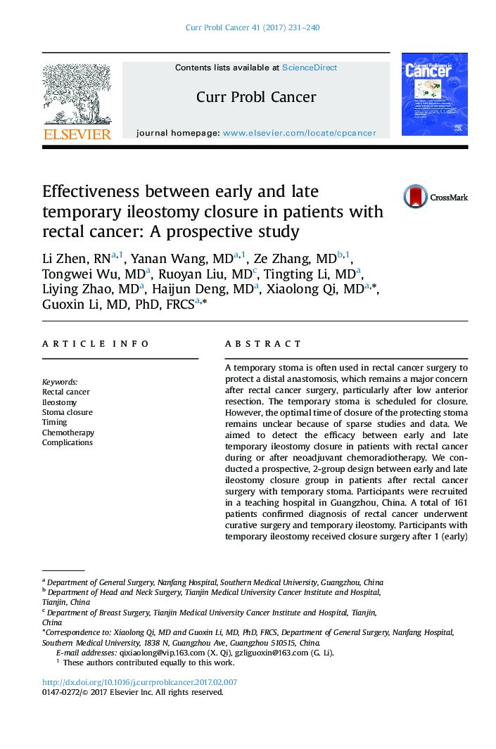 Effectiveness between early and late temporary ileostomy closure in patients with rectal cancer: A prospective study