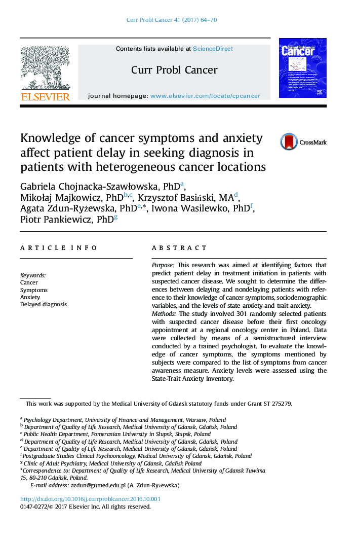 Knowledge of cancer symptoms and anxiety affect patient delay in seeking diagnosis in patients with heterogeneous cancer locations