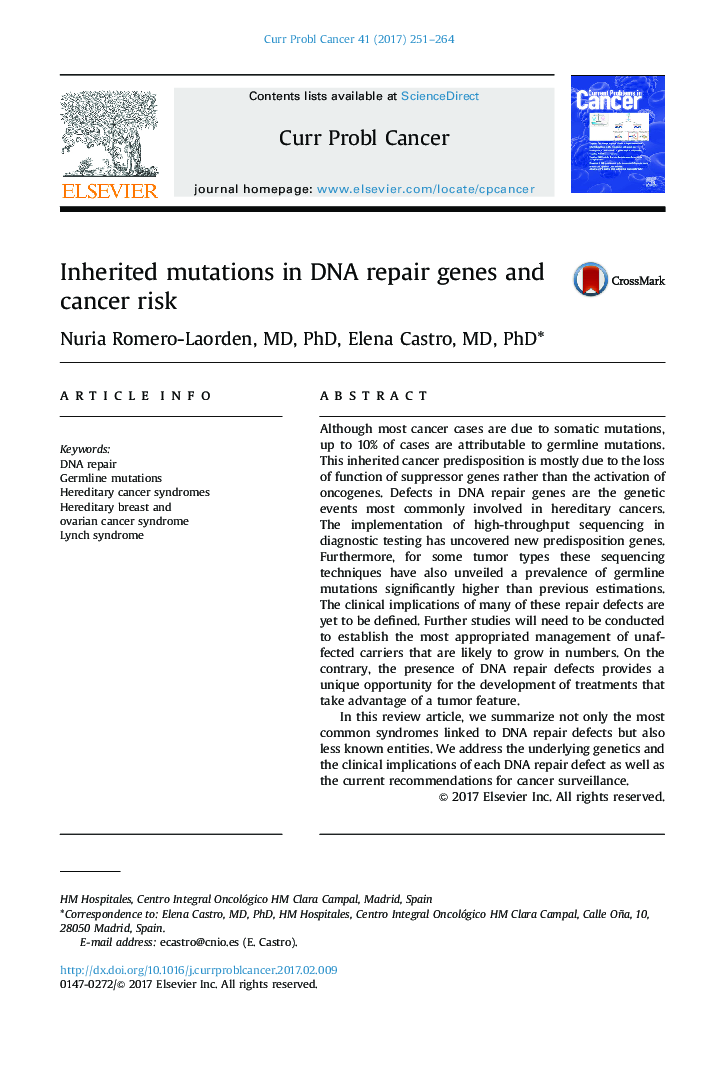 Inherited mutations in DNA repair genes and cancer risk