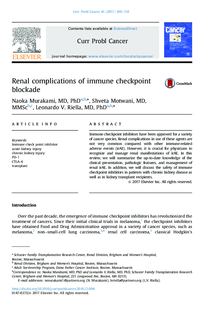 Renal complications of immune checkpoint blockade