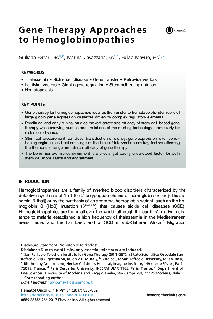 Gene Therapy Approaches to Hemoglobinopathies