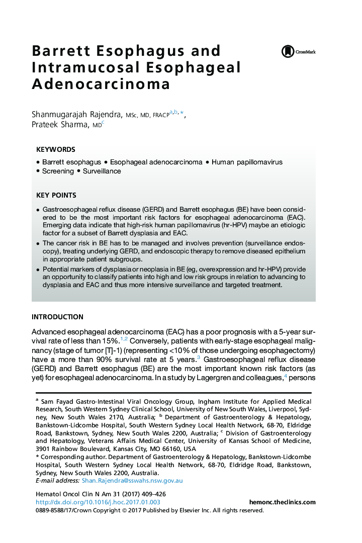 Barrett Esophagus and Intramucosal Esophageal Adenocarcinoma